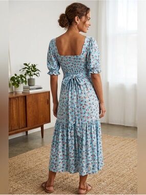 Maxi Dress S Boho Floral Flared summer stretchy fabric elastic waist sundress